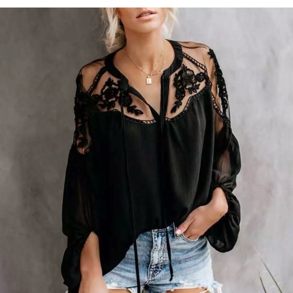 NWOT BLACK LACE SHEER TOP BOHO PHEASANT TOP - Picture 6 of 7